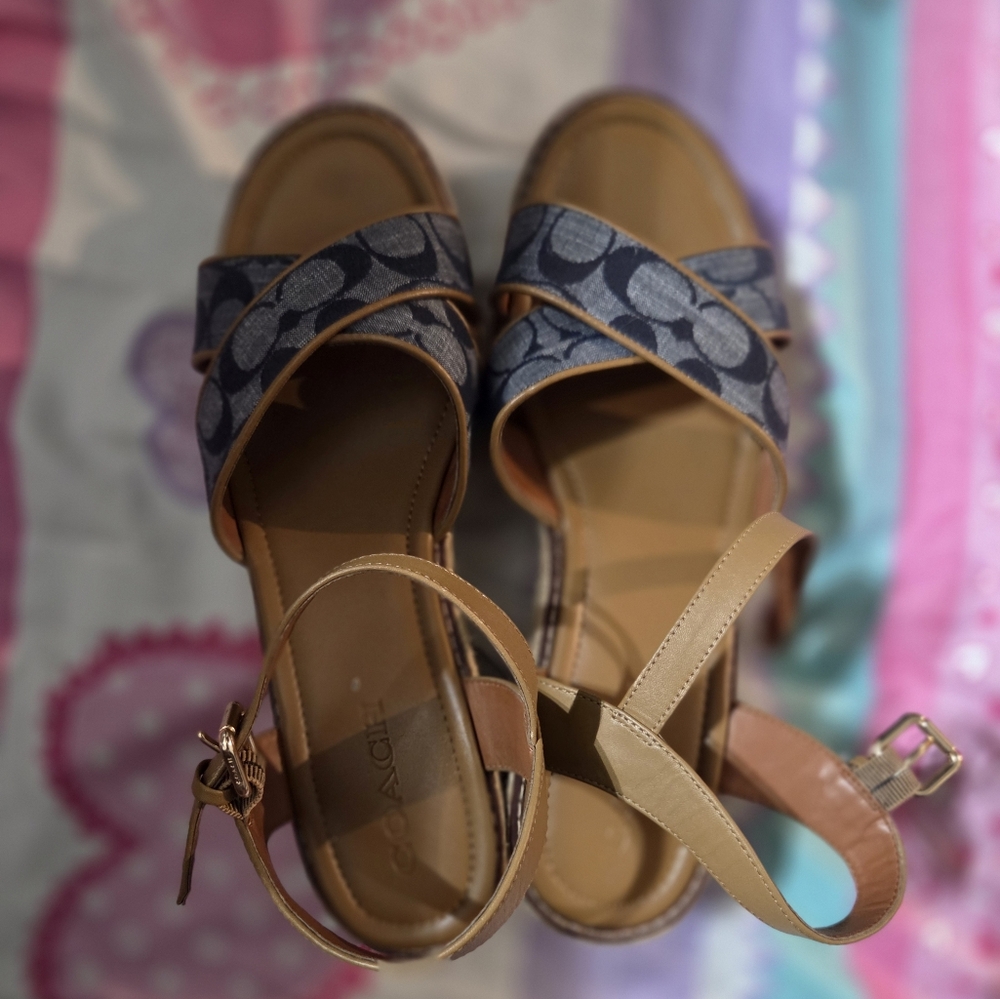 Women's Tan and Blue COACH Sandals